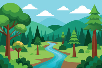 Cartoon landscape with river flowing through forest and mountains
