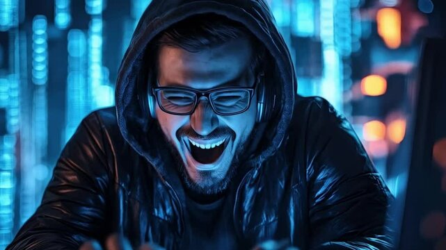 Hacker with serious expression while laughing