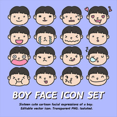 BOY_FACE_ICON_SET
Cute emoji face icon set with various facial expressions. Editable vector. Isolated.
