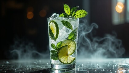 Refreshing cocktail with mint and lime slices, cool mood, on a dark background, vibrant drink concept