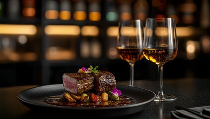 A plate of meat with vegetables and a glass of wine