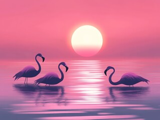 Fototapeta premium Flamingo Serenity: A Pink Sunset Reflection on the Water, Capturing the Essence of Tropical Wildlife and Coastal Beauty in a Dreamy Landscape.