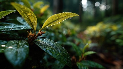 Vibrant green leaves with glistening water droplets catch the light, showcasing rich textures and visible veins. New growth displays a lighter yellow-green hue, while mature leaves are a deeper green.