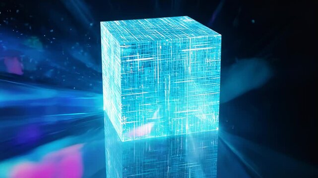 Glowing Blue Cube in Sci-Fi Setting