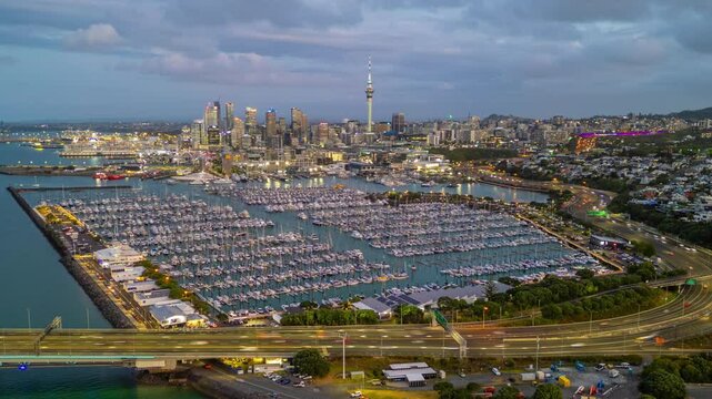 Aerial hyperlapse, dronelapse video of Auckland of New Zealand from day to night