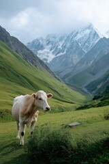 Obraz premium Cow grazing in alpine meadow with majestic mountains in background