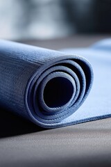 Close-up of rolled blue yoga mat on gray surface
