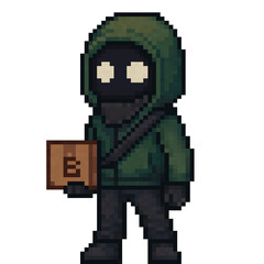 Fototapeta premium Pixel art anonymous delivery character in green hood