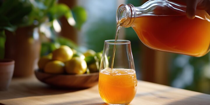 Refreshing orange juice being poured into glass on sunlit kitchen table