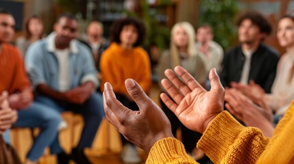 Close-up of expressive hands speaking in a diverse support group session