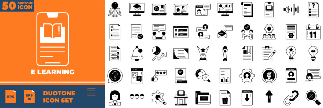 E Learning Duotone Editable Icons set. Vector illustration in modern thin duotone style of e learning icons: course, online, book, etc