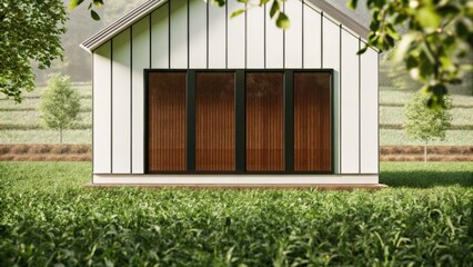 Modern house surrounded by lush greenery and a serene landscape.