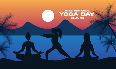 World yoga day morning banner group of woman in different asana in beach