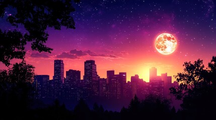 Cityscape at night, moonlit