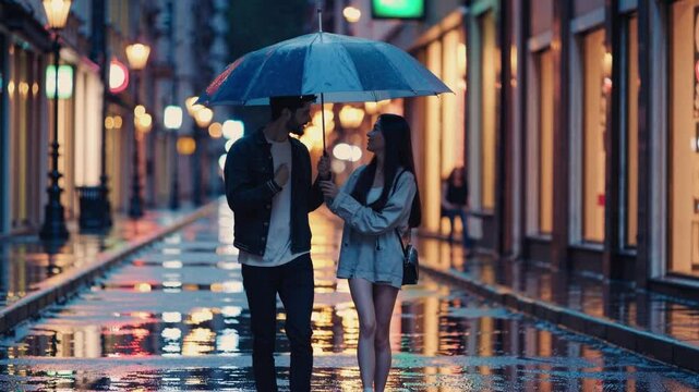 Romantic couple in autumn rain clothes smiling and walking under a umbrella on a rainy day in the city, enjoying a moment of happiness and complicity together