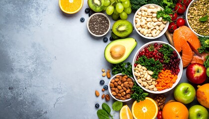 Healthy food selection on a grey surface.