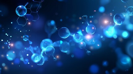 Molecular structures and particles glowing in blue light set against a dark background