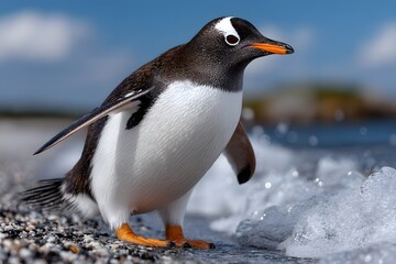 Naklejka premium Gentoo Penguin Standing on Pebble Beach with Waves Crashing in A