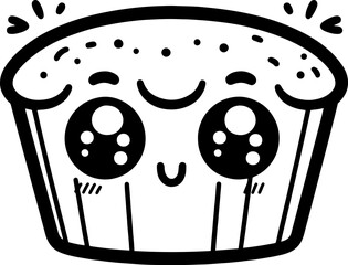 Cartoon Cup Cake Character with Playful Cheeks and Big Eyes. Simple outline for coloring page book.