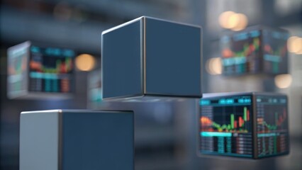 Floating cubes display financial data against a blurred background, suggesting a digital trading or investment theme.