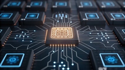 Futuristic circuit board with microchips and glowing connections, showcasing advanced technology and digital innovation.