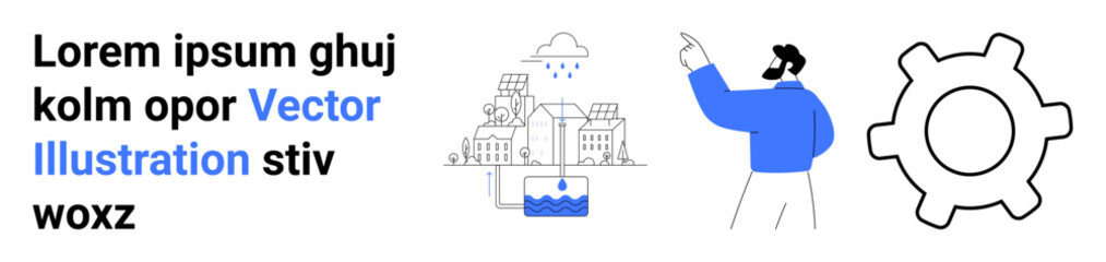 Man pointing at urban city infrastructure with water reservoir and rain system, next to a gear icon. Ideal for urban development, innovation, teamwork, engineering, sustainability, technology, simple