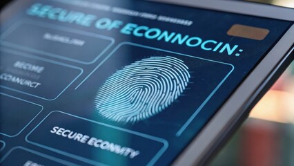 Close-up of a smartphone screen displaying a fingerprint and text related to security and economy.