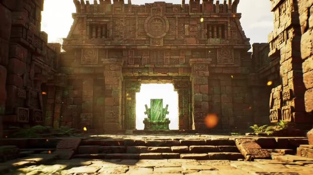 An old stone temple with columns frames a statue of a multi-headed snake. Harsh lighting and crumbling brick evoke an ancient and mysterious feel.

