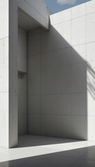 Modern architectural design features a building facade with metal doors and windows, highlighting an empty concrete corridor leading to an open office interior with an elevator