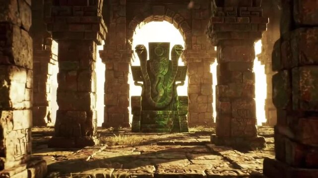 An old stone temple with columns frames a statue of a multi-headed snake. Harsh lighting and crumbling brick evoke an ancient and mysterious feel.

