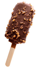 Chocolate covered ice cream bars with sprinkled nuts isolate on white with clipping path.