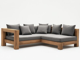 Obraz premium Elegant Wooden Sofa with Gray Cushions: Modern Interior Design for Comfortable Living Room Relaxation and Stylish Home Decor Furniture