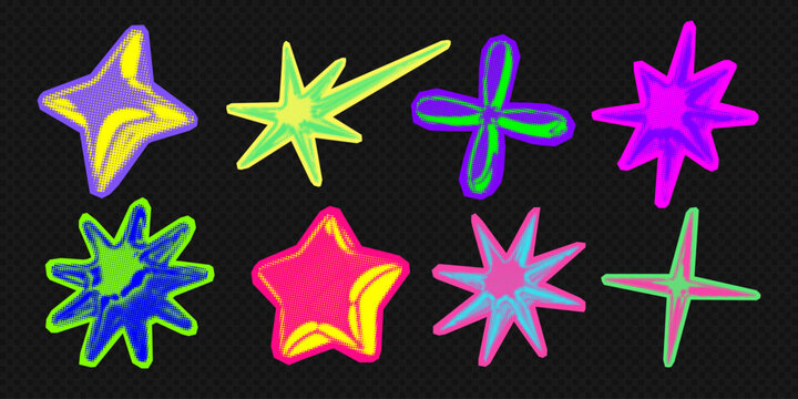 Y2k 3d punk neon colors light chrome halftone stars shape retro abstract vector illustration sticker set. Chrome silver 3d metallic halftone semitone retro effect bright neon color star collection.