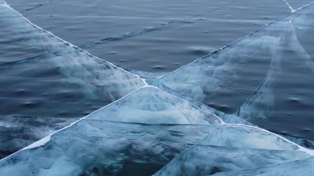Cracked ice on water fills the frame. The sharp, geometric patterns highlight the fragile beauty of the natural world.

