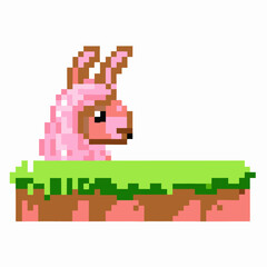 Fototapeta premium Pixelated pink llama on grass platform retro 8 bit video game design, vintage digital illustration