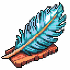 Fototapeta premium Blue pixel art feather retro quill pen, digital illustration, vintage writing concept