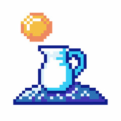 Pixel art pitcher on water, reflecting stylized sun retro video game vibe with vibrant colors