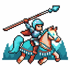 pixel art cavalry knight charging with spear retro gaming style, armored horse rider adventure