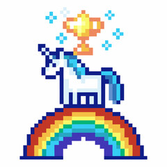 Obraz premium Pixel art unicorn with trophy on rainbow retro gaming theme, magical fantasy concept