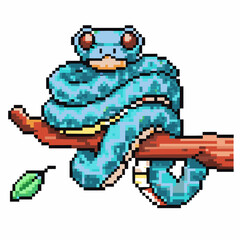 Obraz premium pixel art blue snake coiled on branch retro video game reptile illustration
