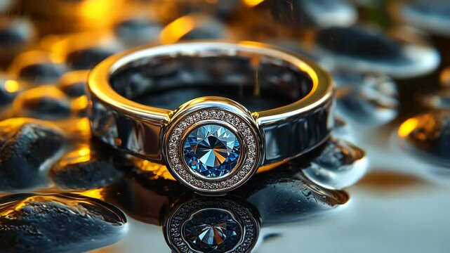 Elegant silver ring featuring a dazzling blue gemstone, encircled by smaller stones, reflected on a dark, wet surface