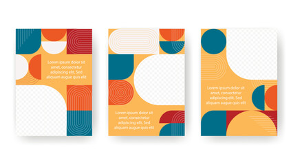Set of contemporary booklets for advertising, proposal, cover, poster. Bright design templates with geometric shapes and semicircle lines. Vertical flyer or brochure, vector graphics