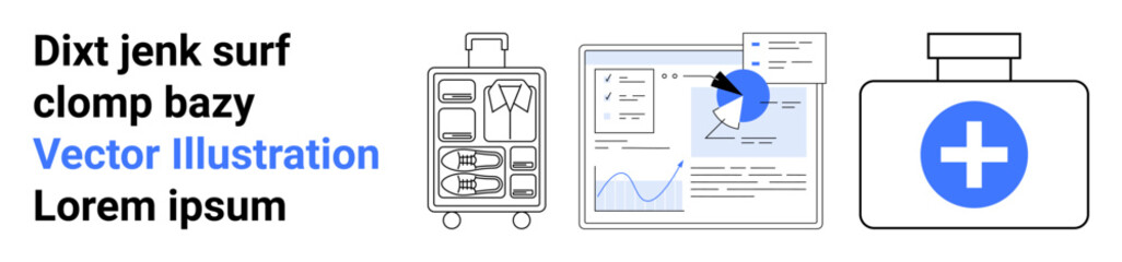 Packed suitcase, data analytics dashboard with pie chart, and healthcare bottle. Ideal for travel preparation, business planning, healthcare access, global mobility, organization, productivity
