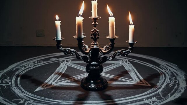 Candelabrum with burning candles in occult circle