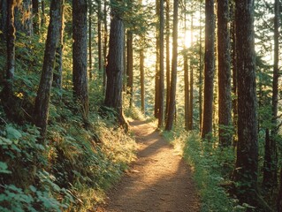Obraz premium Enchanting Forest Trail: A Serene Pathway Through Nature's Embrace with Sunlight Filtering Through the Trees, Creating a Peaceful and Scenic Escape
