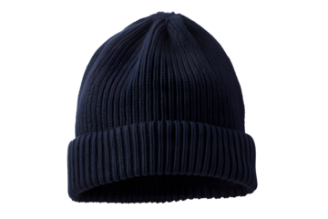 Close-up of a deep blue woolly hat with a vertical ribbed texture and a turned-up cuff, a comfortable winter head covering, isolated on transparent background