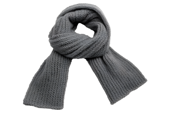 Chunky knit scarf in a neutral grey color, draped casually, a stylish and comfortable neck warmer for cold weather, isolated on transparent background