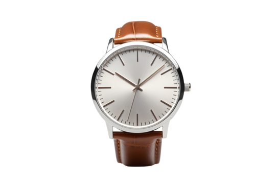 Elegant minimalist wristwatch with a silver face, simple brown hands, and a classic brown leather strap, isolated on transparent background