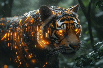 Cybernetic tiger in rain, jungle background; digital art