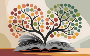 Open Book with Colorful Tree of Knowledge